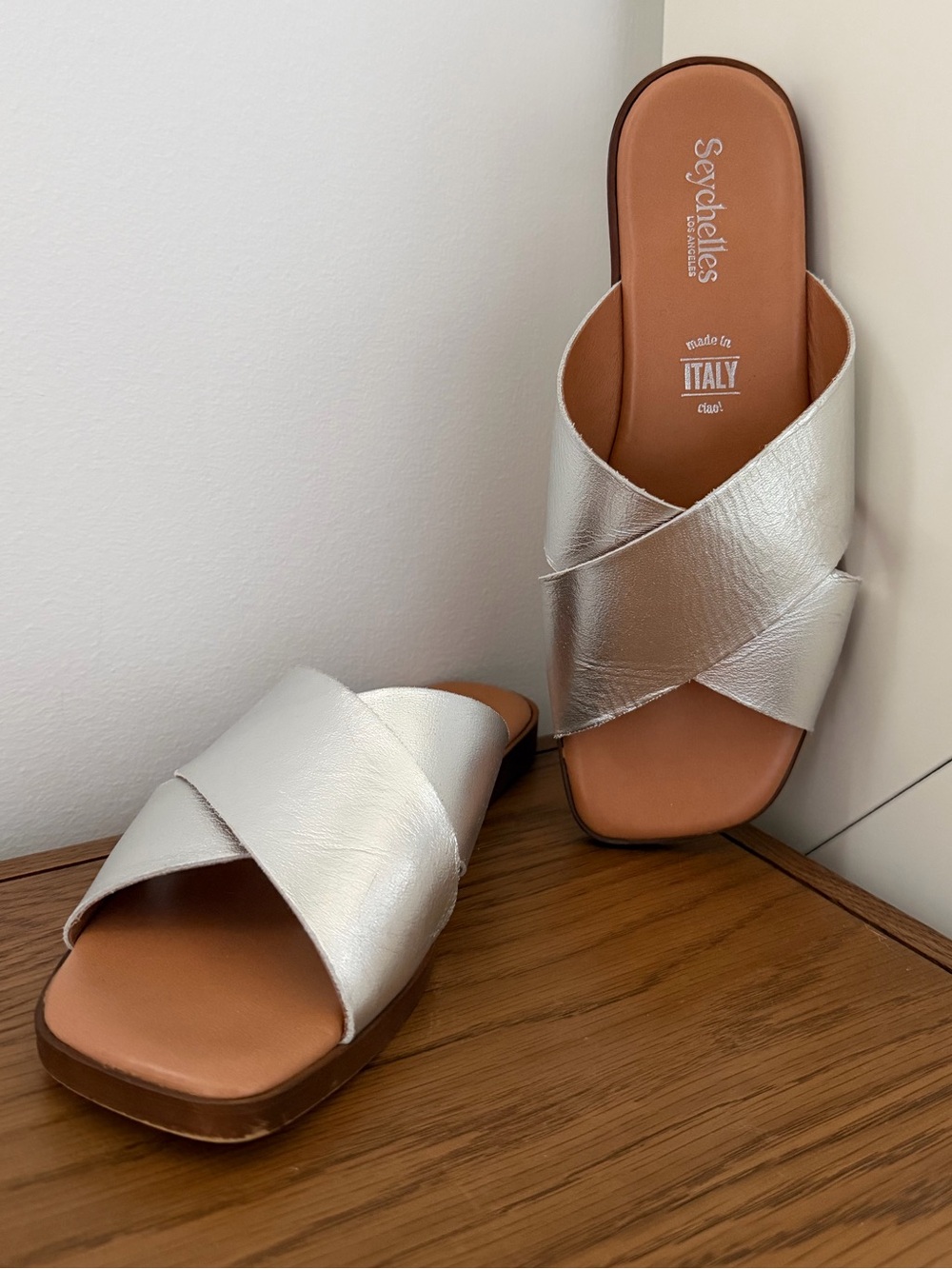 Seychelles Metallic Silver Slip On Criss Cross Style Sandals
